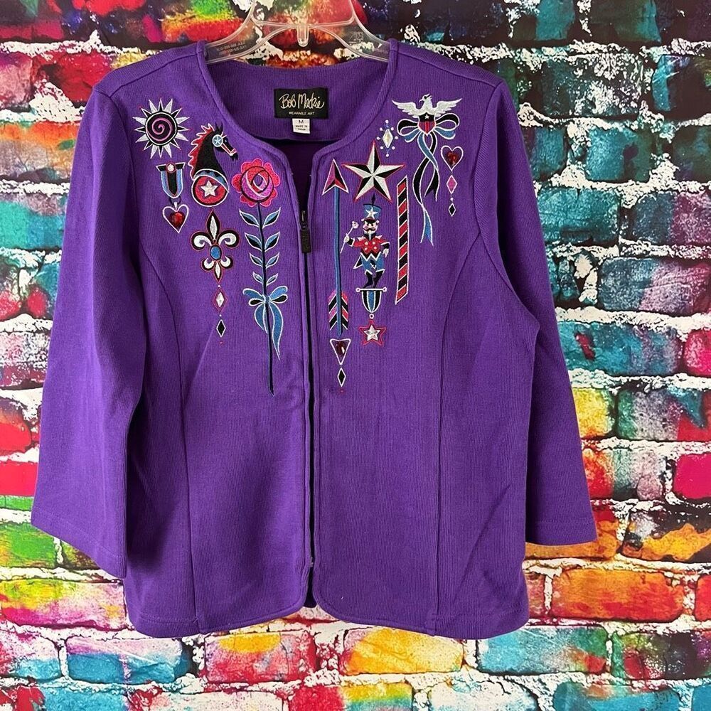 Bob Mackie Wearable Art Zip Cardigan Sweater Size Medium Embroidered Horse Rhine